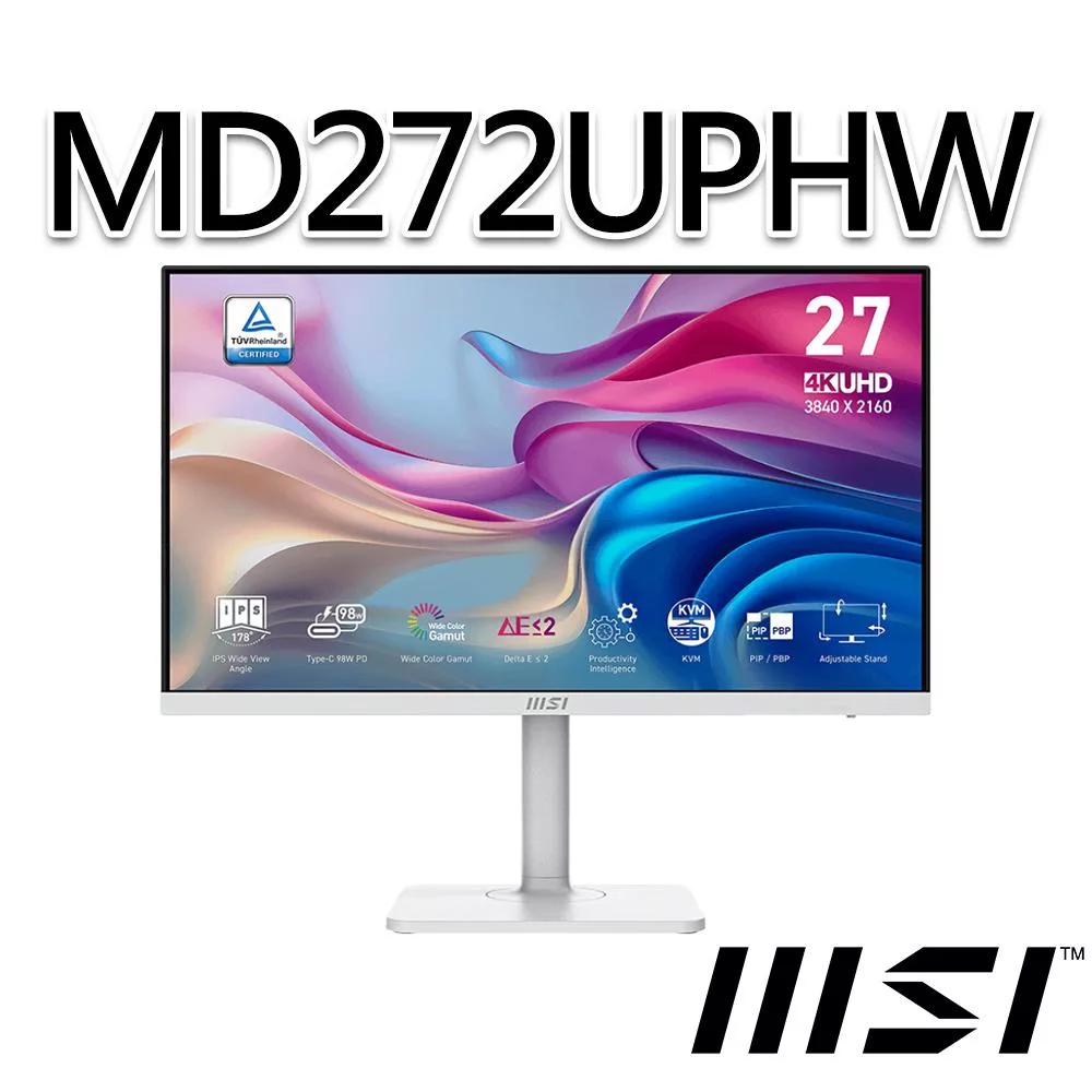 msi微星 Modern MD272UPHW 27吋 螢幕 (27"/3840x2160/16:9/60Hz/喇叭/白)