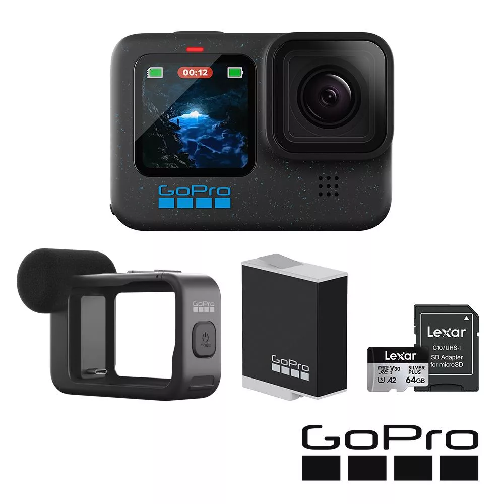 【GoPro】HERO12 Black CE創作者Vlog專業輕裝套組 (HERO12 創作者+媒體模組+原廠充電電池+64G記憶卡) 公司貨