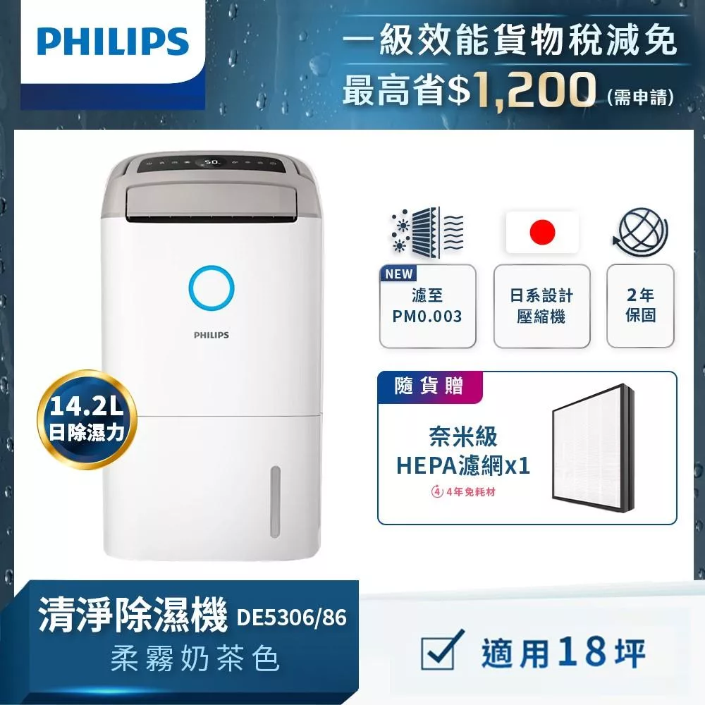 【飛利浦 PHILIPS】DE5306/86 14.2L抗敏清淨除濕機-柔霧奶茶
