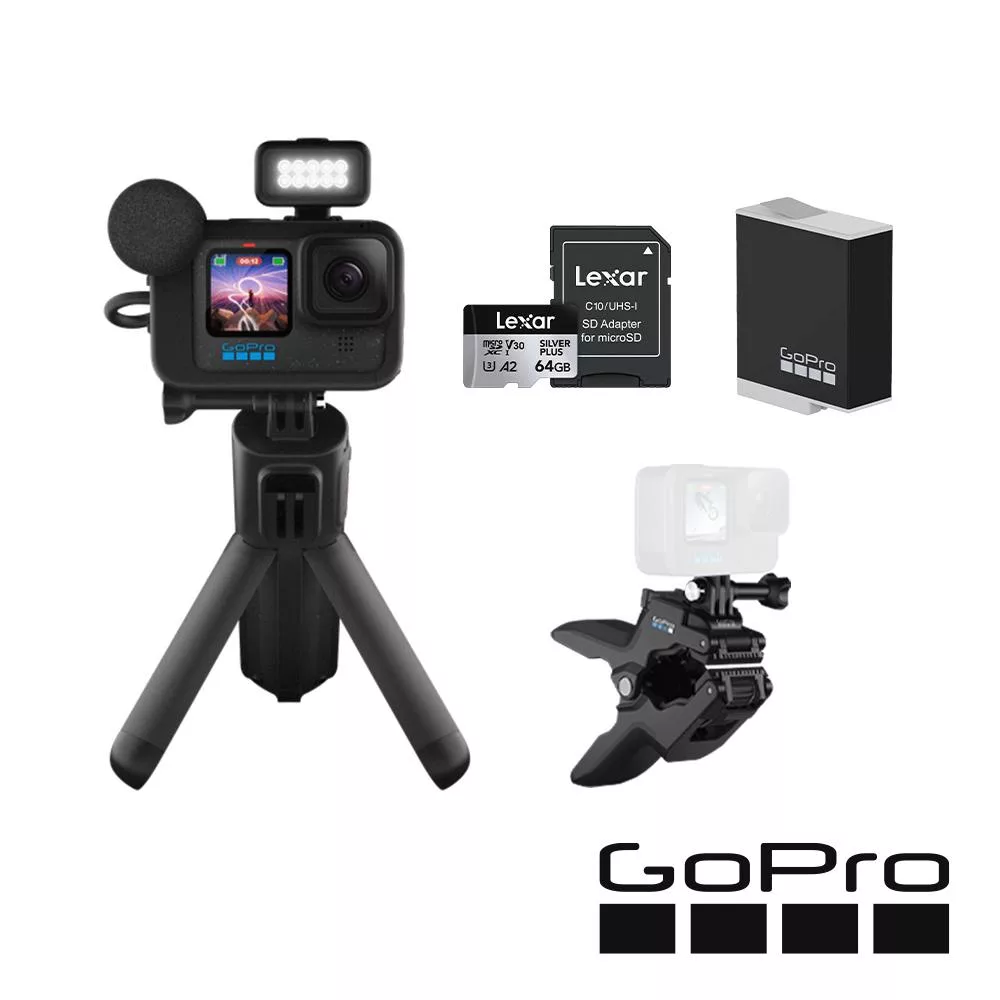 【GoPro】HERO12 Black CE創作者隨夾隨拍套組 (HERO12 創作者+軟管鯊魚夾+原廠充電電池+64G記憶卡) 公司貨