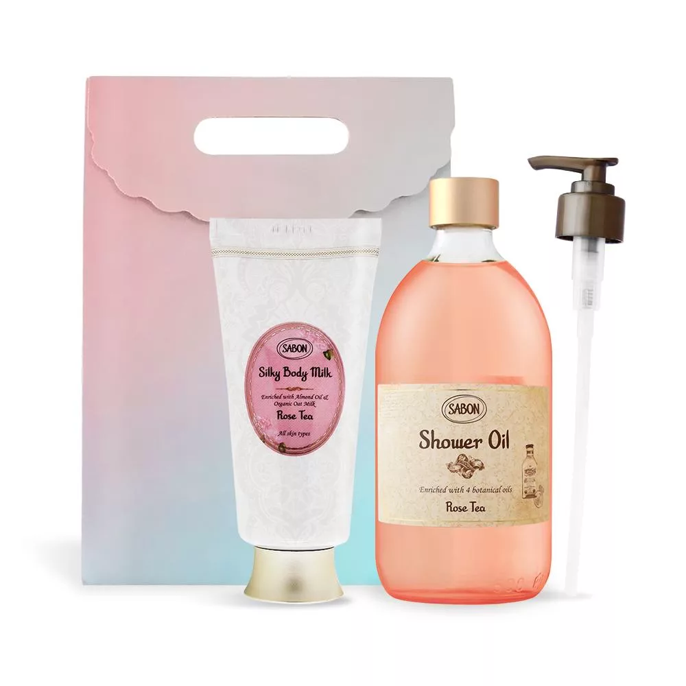 SABON 絲綢Q彈肌必備組[沐浴油500ml+絲綢身體乳液200ml]-多味道可選-國際航空版 玫瑰茶語