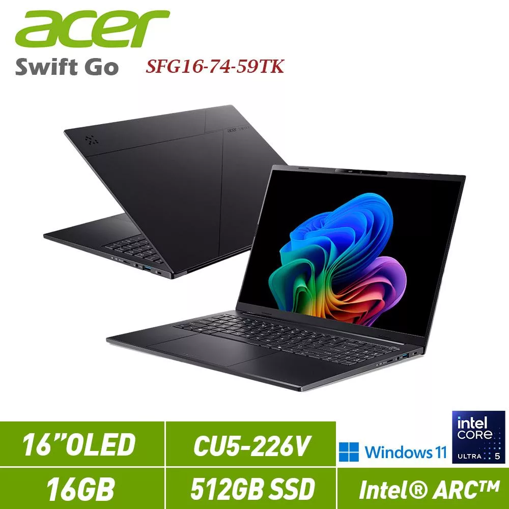 ★贈ACER滑鼠★ACER 宏碁 Swift GO 16 SFG16-74-59TK 黑 16吋筆電(CU5-226V/16G/512GB/W11/2年保)