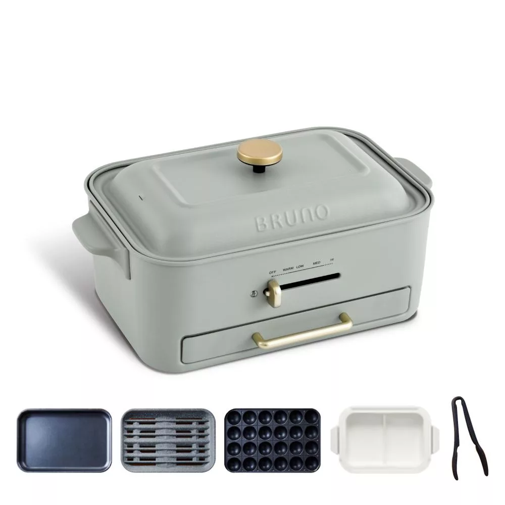 【日本BRUNO】無煙多功能電烤盤 BOE109 火烤多用組(附陶瓷鴛鴦鍋、減煙烤盤、平面烤盤、章魚燒烤盤、耐熱夾) -開心果綠