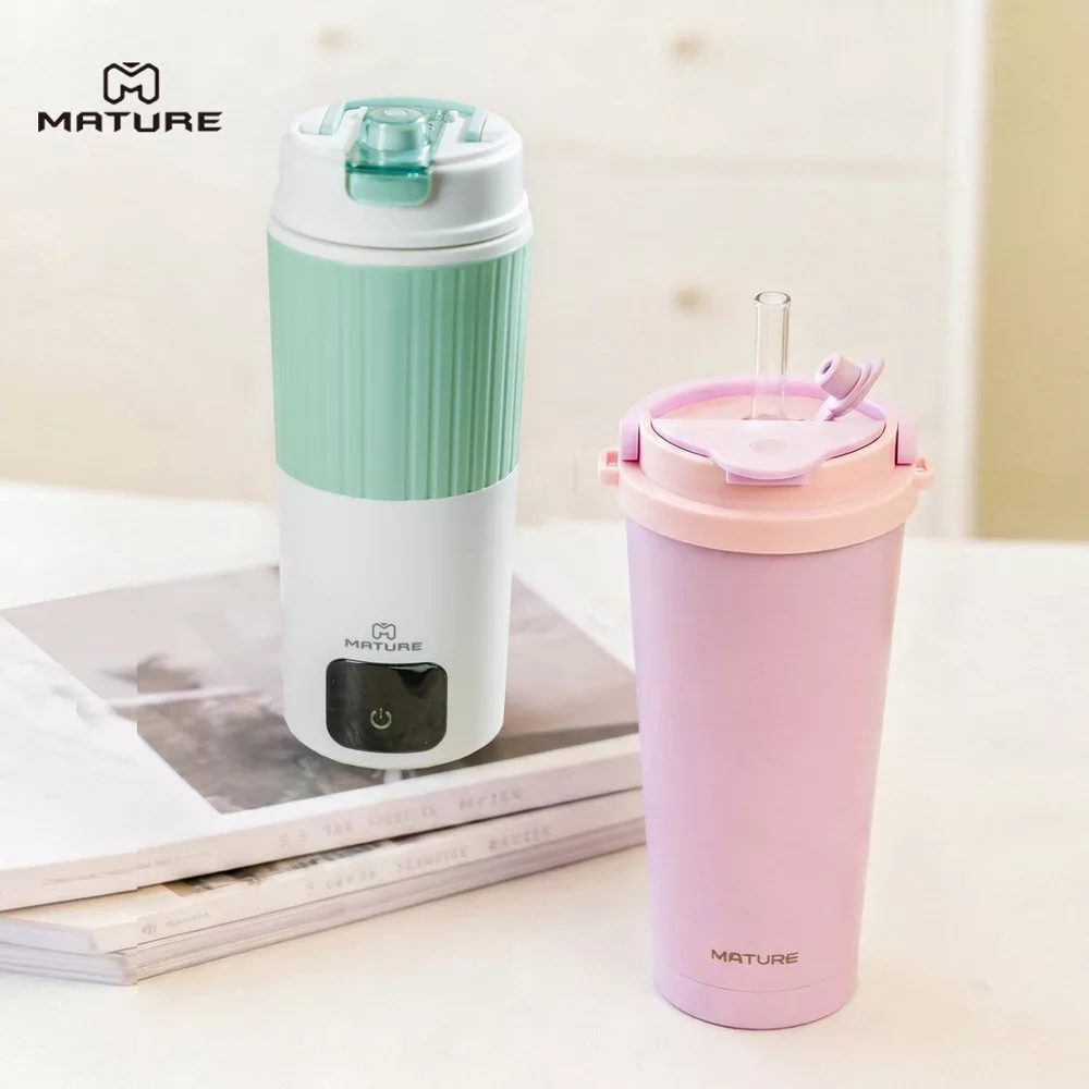 MATURE美萃 全球通用電熱水杯650ml CY-1671+陶瓷不鏽鋼雙飲保溫杯附吸管刷700ml-三色可選 CY-2001  -電熱水杯+保溫杯/粉紫