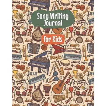 Song Writing Journal for Kids: Kids Wide Staff Manuscript Music Paper * Large (8.5＂ x 11＂) * 6 Stave * 100 Pages: Retro Musical Instruments