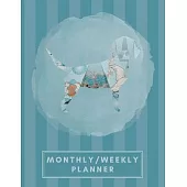 Monthly/Weekly Planner: Striped Teal Blue Japanese Origami Dog Weekly Planner + Monthly Calendar Views 12 Month Agenda Planner Gift For Dog Lo