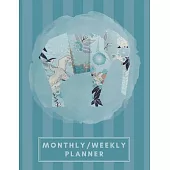 Monthly/Weekly Planner: Striped Teal Blue Japanese Origami Elephant Weekly Planner + Monthly Calendar Views 12 Month Agenda Planner Gift For E