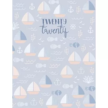 2020: A4 Diary Week on 2 Pages to View WO2P Journal - Horizontal Weekly Planner - Baby Blue Sailing Boats Nautical Pattern
