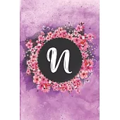 Cherry blossom flowers letter N journal: Personalized Monogram Initial N with pretty colorful watercolor pink floral sakura for women & girls -- birth