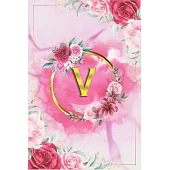V: Beautiful Rose Marbre Blank Wide Rulled Notebook with Monogram Initial Letter V For Women & Girls- Lovely Golden Lined