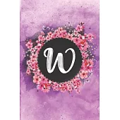 Cherry blossom flowers letter W journal: Personalized Monogram Initial W with pretty colorful watercolor pink floral sakura for women & girls -- birth