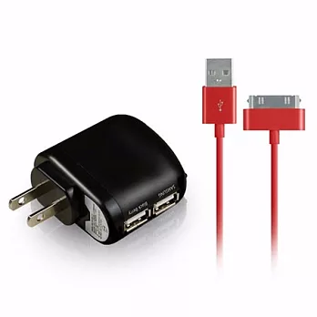 彩色 iPhone/iPad系列 USB傳輸線/充電線(1m)+aibo AC電源轉USB 2PORT充電器-3100mA紅色線