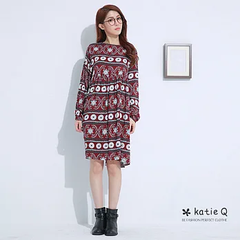 【KatieQ】幾何圖騰寬版洋裝(2色)-FREEFREE紅
