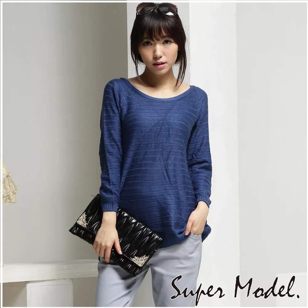 【名模衣櫃】韓系橫紋針織衫-共6色FREE藍