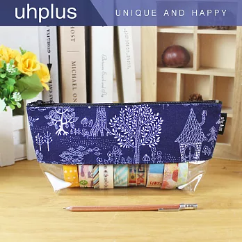 uhplus 透明寬底筆袋-濛霧森林(深藍)
