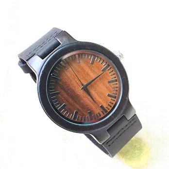 大森竹子真皮木框錶‧45mm咖啡色錶面真皮錶帶黑檀框自然咖啡木色紋路