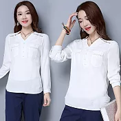 【NUMI】森-V領鏤空純色長袖上衣-共3色-50568(M-2XL可選)XL白色