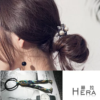 【Hera】赫拉 可盤髮印花民族圖騰珍珠吊墜髮圈/髮束-3色(藍色)