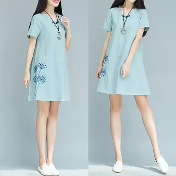 【A.Cheter】清新田園蒲公英刺繡短袖洋裝000160L湖水綠