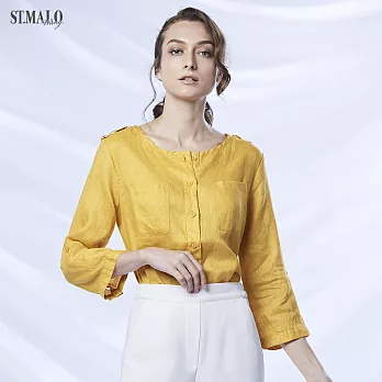 【ST.MALO】100%天然頂級亞麻法式圓領七分袖襯衫-1420WS-2XL琥珀黃