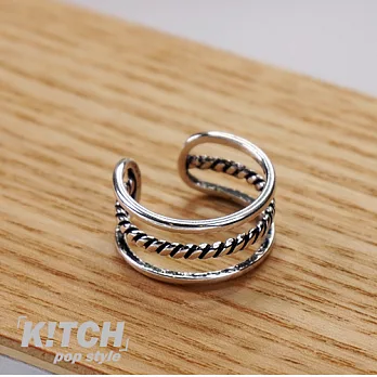 Kitch 奇趣設計 三環雙繩交叉設計 可調式戒指 銀色