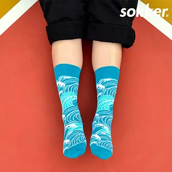 【sokker®】浮繪巨浪4分之3襪L藍