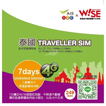 Wise-sim樂網通AIS 4G/7天穩定吃到飽泰國上網卡
