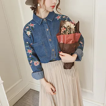 【MsMore】韓系清新小花園刺繡雙口袋設計牛仔襯衫101943L藍