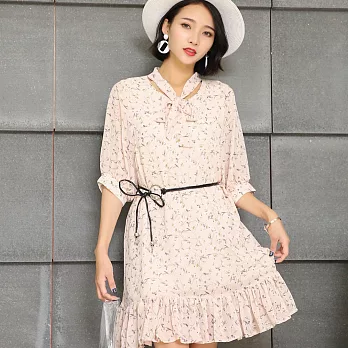 【MsMore】韓系美人輕柔雪紡印花洋裝-附皮帶102117M粉紅