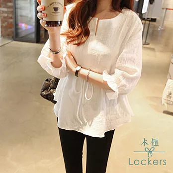 【Lockers 木櫃】小清新寬鬆棉麻束腰襯衫白色