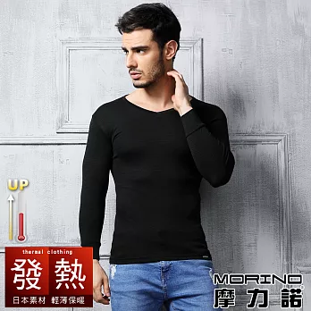 【MORINO摩力諾】日本專利發熱纖維長袖V領T恤M黑色