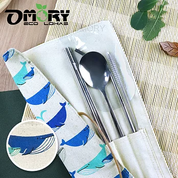 【OMORY】日式麻布手作環保餐具袋(附餐具)-鯨魚