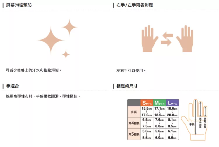 屏幕污垢预防 右手/左手兩者對應可減少螢幕上的汗水和紋污垢。左右手可以使用。手適合 相應的尺寸採用高彈性布料手感柔軟順滑彈性極佳。 Lo指手長第4指長15.5cm 17.1cm 18.6cm|17.0cm 18.5cm 20.0cm6.5cm 7.6cm 8.1cm手長7.5cm5.0cm 5.6cm8.0cm8.5cm|第5指長5.5cm 6.0cm6.6cm