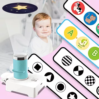 嬰幼兒視覺啟蒙禮盒-- 韓國DreamTok童夢故事投影機+嬰兒寶寶黑白卡投影書組合(粉藍款)