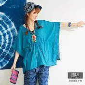 【潘克拉】蕾絲鈎花V領抽繩棉罩衫 TM1061　FREE藍色