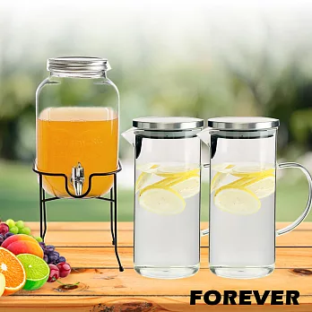 【日本FOREVER】夏天必備派對玻璃果汁飲料桶(含桶架)4L贈耐熱玻璃水壺 2入組