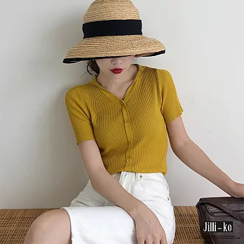 【Jilli~ko】冰絲薄款V領針織T恤 8021　FREE黃色