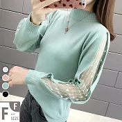 【MsMore】韓版仙女氣質鏤空網紗拼接彈性長袖針織衫#105039F綠