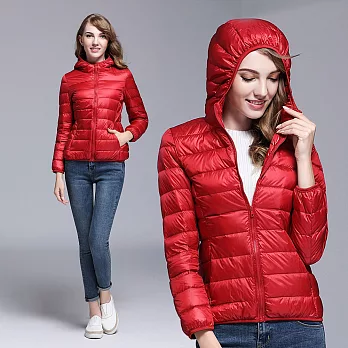 【KISSDIAMOND】日系SGS認證超輕90+連帽羽絨外套(連帽/保暖/防潑水/拉鍊口袋/男女款11色 S-3XL可選)XL女款/紅色