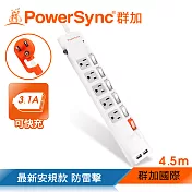 群加 PowerSync 六開五插防雷擊抗搖擺USB延長線/4.5m(TPS365UB9045)