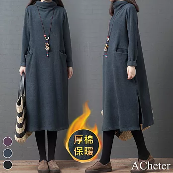 【A.Cheter】京都櫻花暖厚棉純色簡約高挑高領洋裝#105816XL藍