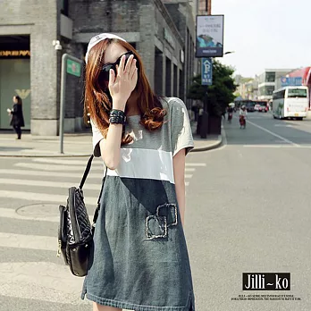 【Jilli~ko】韓版名媛風拼接牛仔洋裝 8027　FREE 灰色