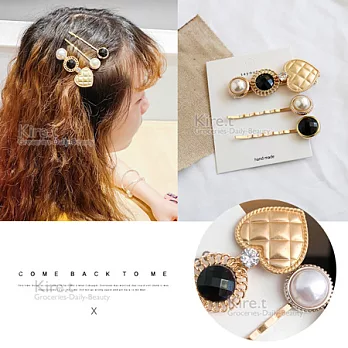 韓國 時尚甜美質感 奢華金色菱格珍珠太陽金屬髮夾一字夾3件組-贈珍珠BB夾kiret玫瑰金