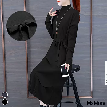 【MsMore】韓國名媛厚磅針織拼接壓褶絲絨洋裝106042F黑