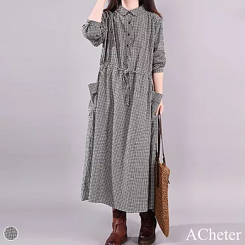【A.Cheter】清新綁帶顯瘦大口袋格紋棉麻洋裝#106050M格子