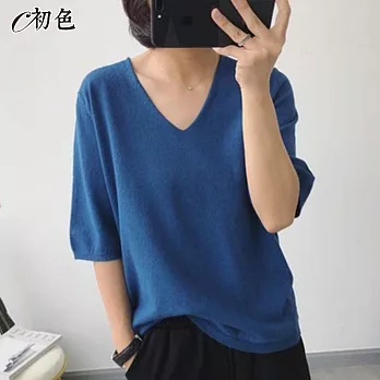 【初色】V領五分袖針織衫-共10色-94923(F可選) F 藍色
