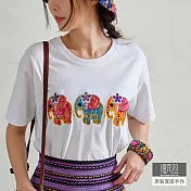 【潘克拉】拼繡花布立體三隻大象純棉T恤 TM1285　　FREE白色