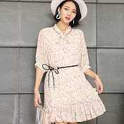 【MsMore】韓系美人輕柔雪紡印花洋裝-附皮帶#102117L粉紅