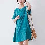 【慢。生活】純色線繡寬版棉麻感連衣裙 3063　FREE 綠色