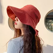夏季棉麻韓版可折疊皺褶綁帶大帽檐漁夫帽(磚紅)